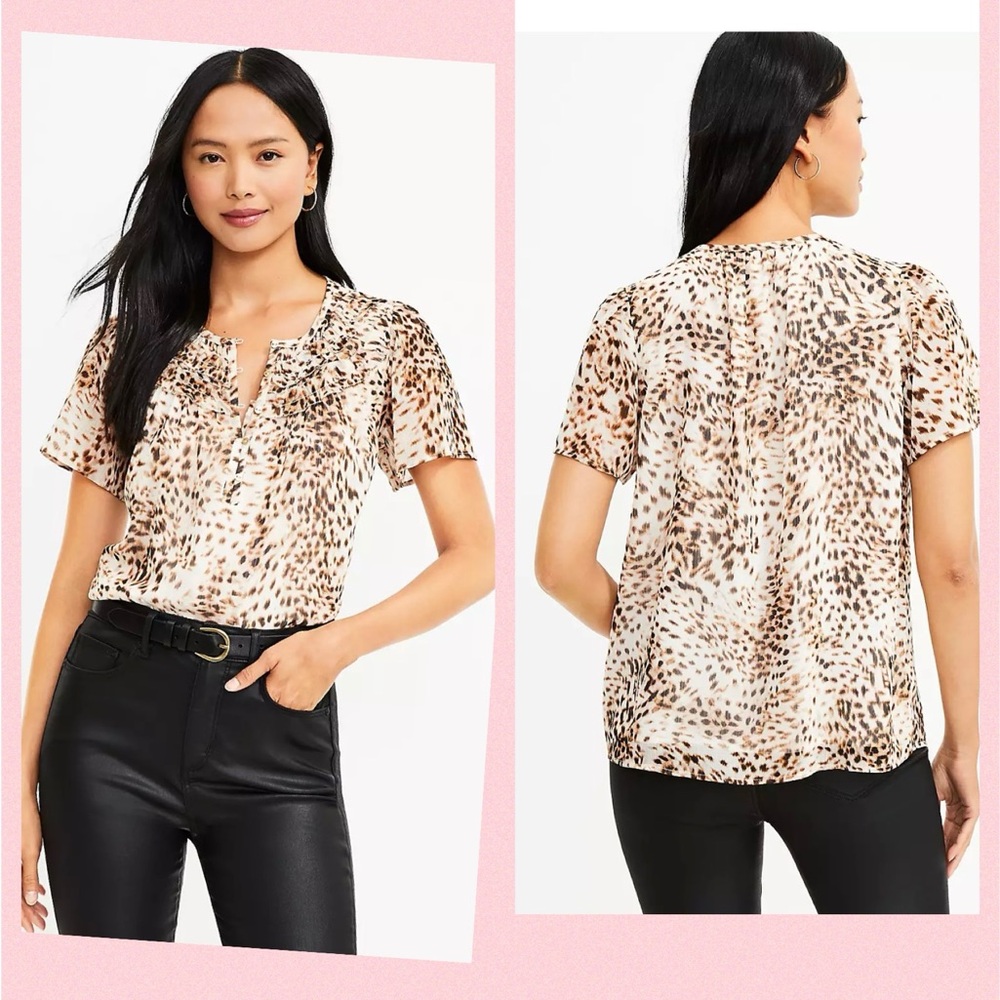 LOFT Animal Print Ruffle Yoke Top. Size M